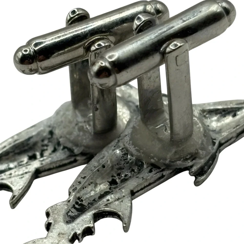 Swordfish Cufflinks Mid Century Silver‎ Tone Marlin Fish Ocean VTG Fishing READ
